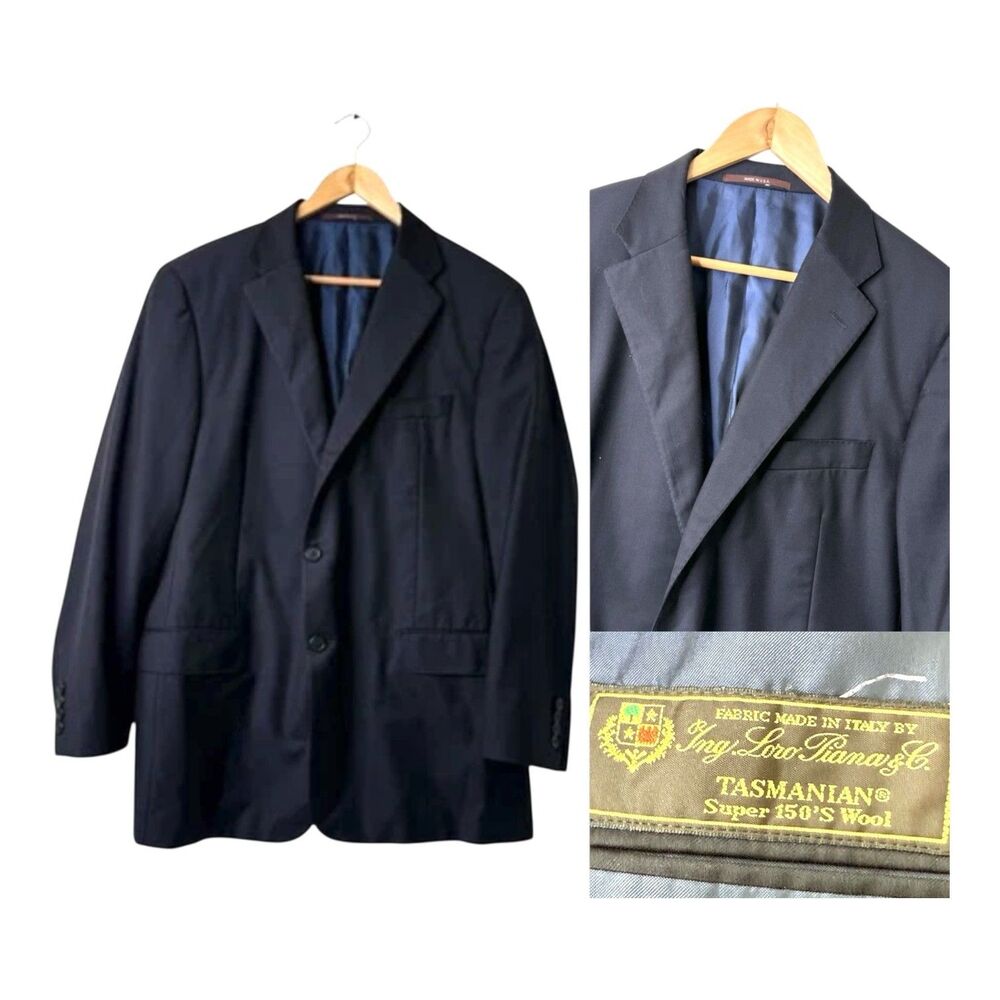 Hickey Freeman Loro Piana Wool Blazer 46R Tasmanian Super 150 Navy Vintage Mens